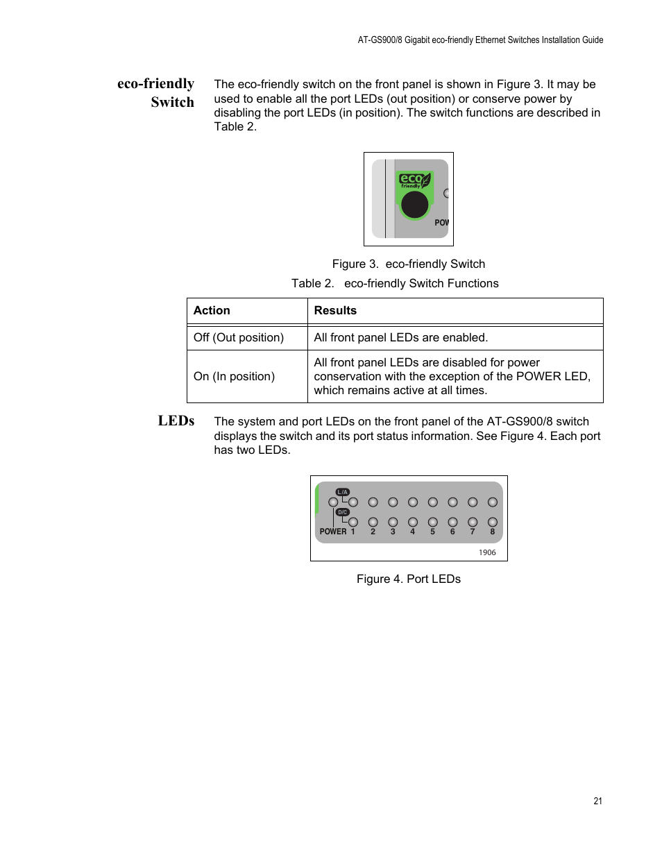 Eco-friendly switch, Leds, Eco-friendly switch leds | Figure 3. eco-friendly switch figure 4. port leds, Table 2. eco-friendly switch functions | Allied Telesis AT-GS900/8 User Manual | Page 21 / 45