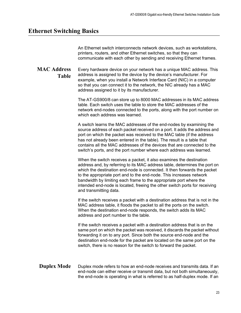 Ethernet switching basics, Mac address table, Duplex mode | Mac address table duplex mode | Allied Telesis AT-GS900/8 User Manual | Page 23 / 45