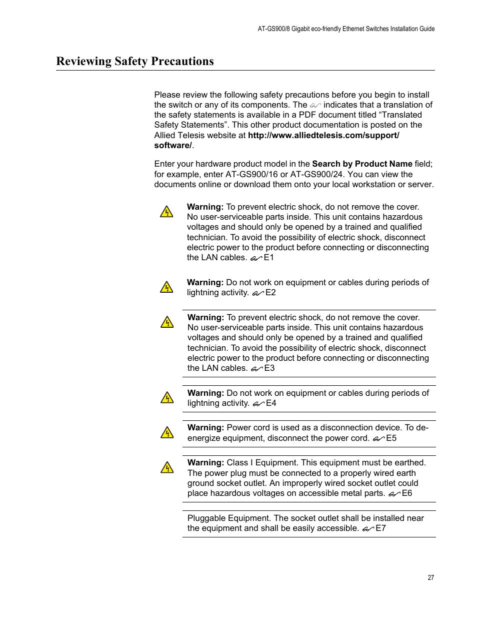 Reviewing safety precautions | Allied Telesis AT-GS900/8 User Manual | Page 27 / 45