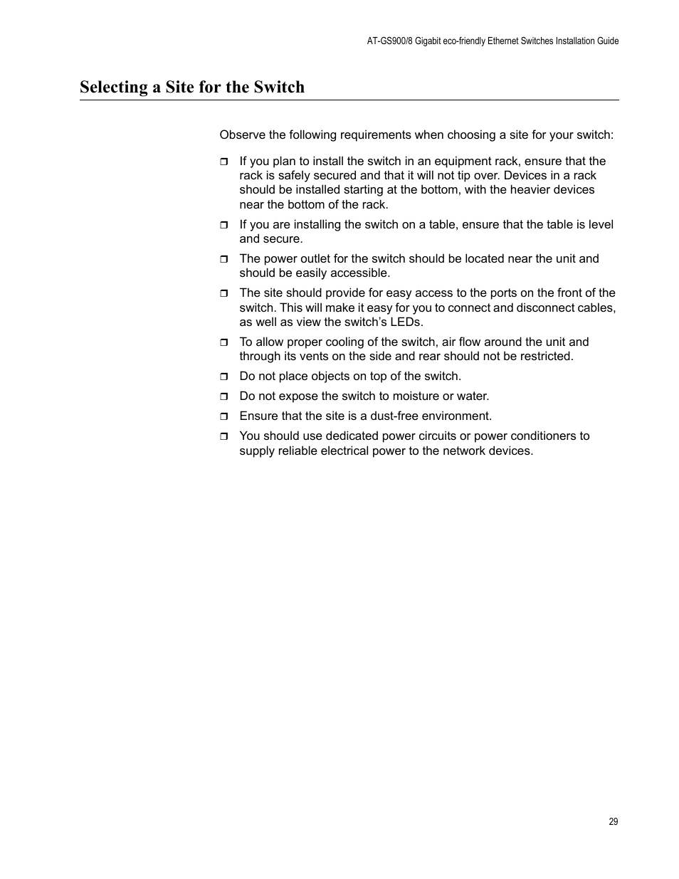 Selecting a site for the switch | Allied Telesis AT-GS900/8 User Manual | Page 29 / 45