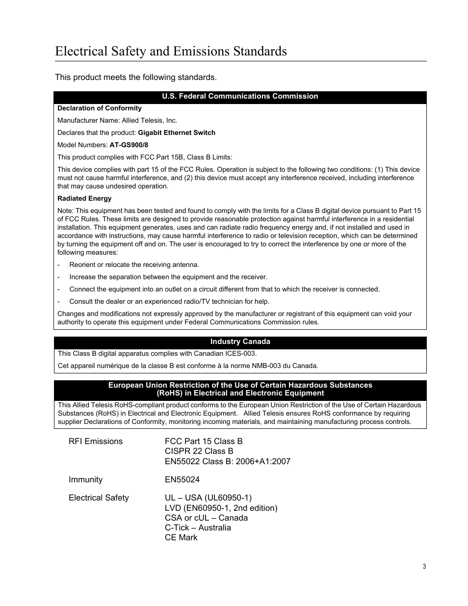Electrical safety and emissions standards | Allied Telesis AT-GS900/8 User Manual | Page 3 / 45