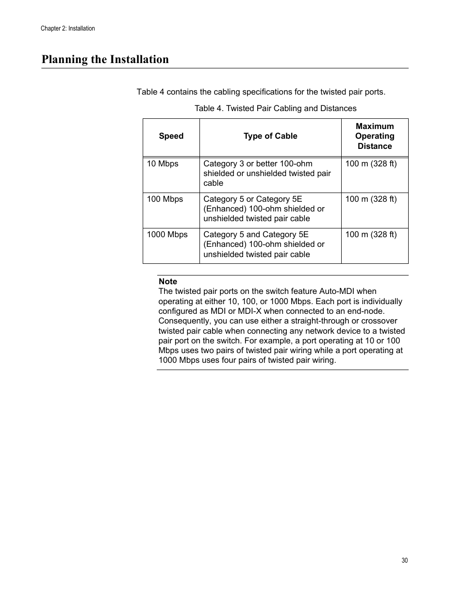 Planning the installation, Table 4. twisted pair cabling and distances | Allied Telesis AT-GS900/8 User Manual | Page 30 / 45