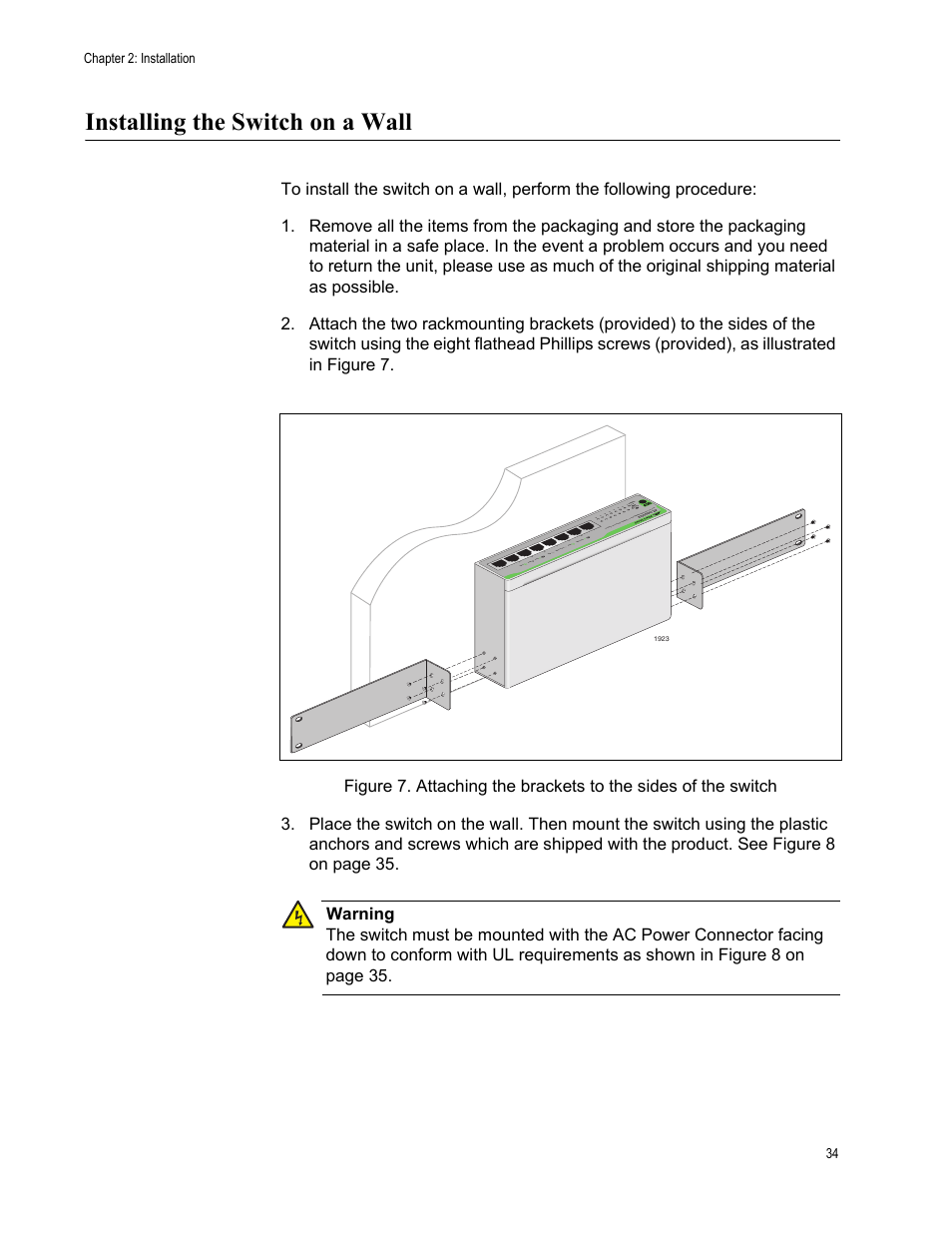 Installing the switch on a wall, Chapter 2: installation 34 | Allied Telesis AT-GS900/8 User Manual | Page 34 / 45