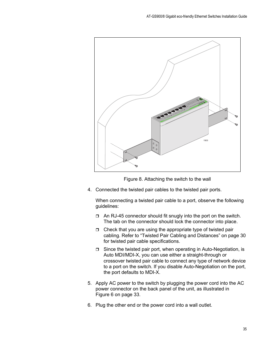 Figure 8. attaching the switch to the wall | Allied Telesis AT-GS900/8 User Manual | Page 35 / 45