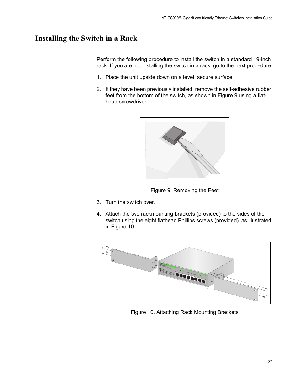 Installing the switch in a rack | Allied Telesis AT-GS900/8 User Manual | Page 37 / 45