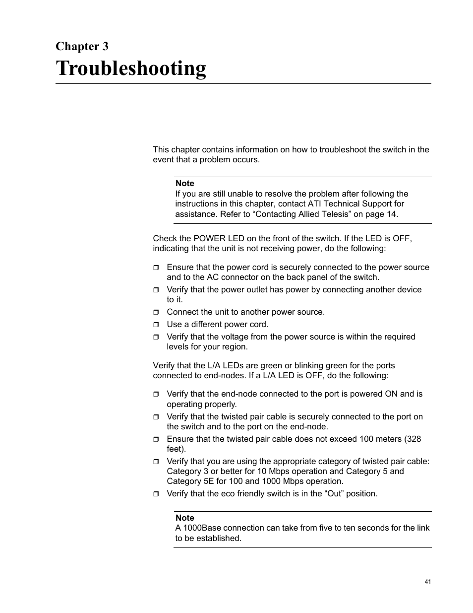 Chapter 3, Troubleshooting, R 3: troubleshooting | Allied Telesis AT-GS900/8 User Manual | Page 41 / 45