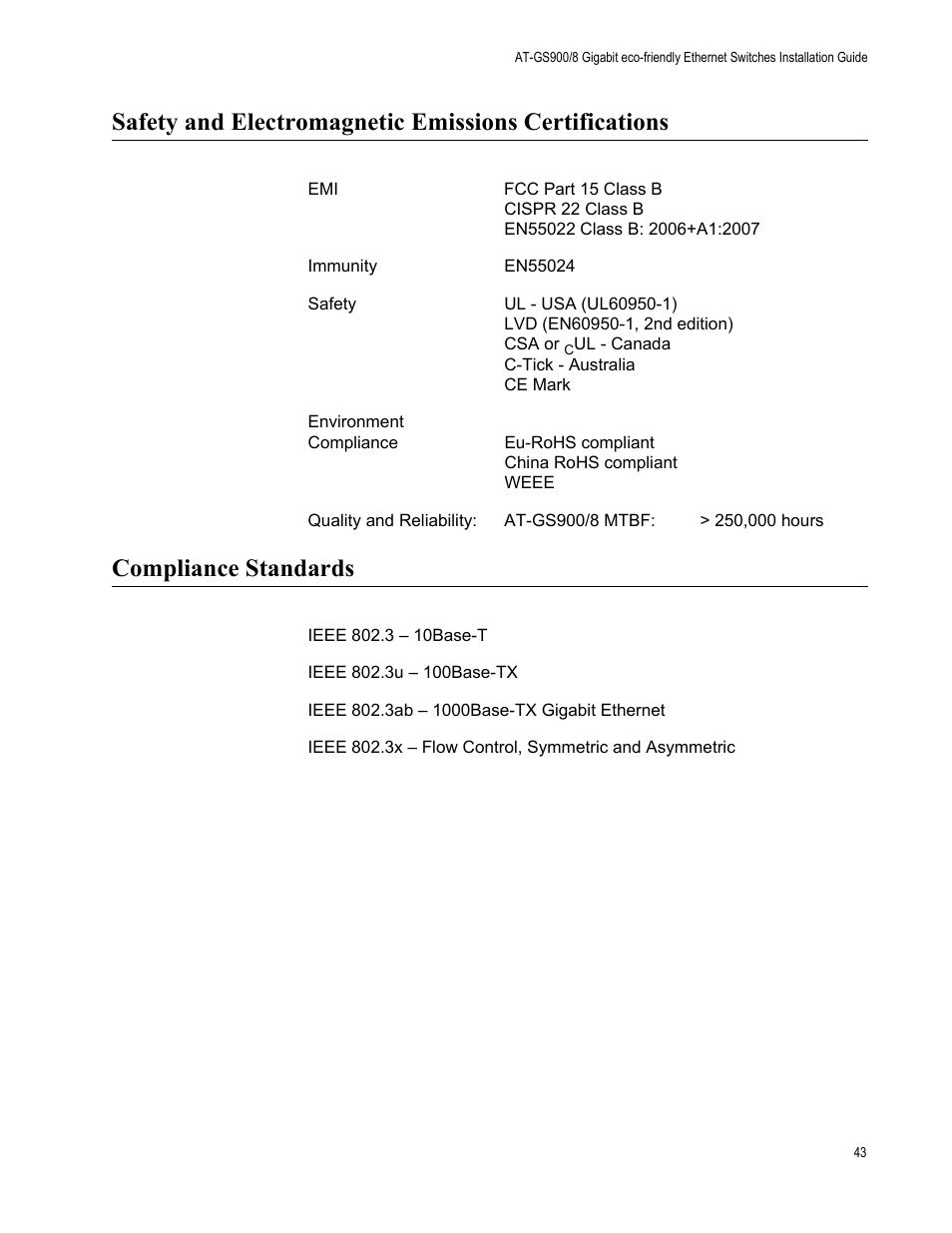 Compliance standards | Allied Telesis AT-GS900/8 User Manual | Page 43 / 45
