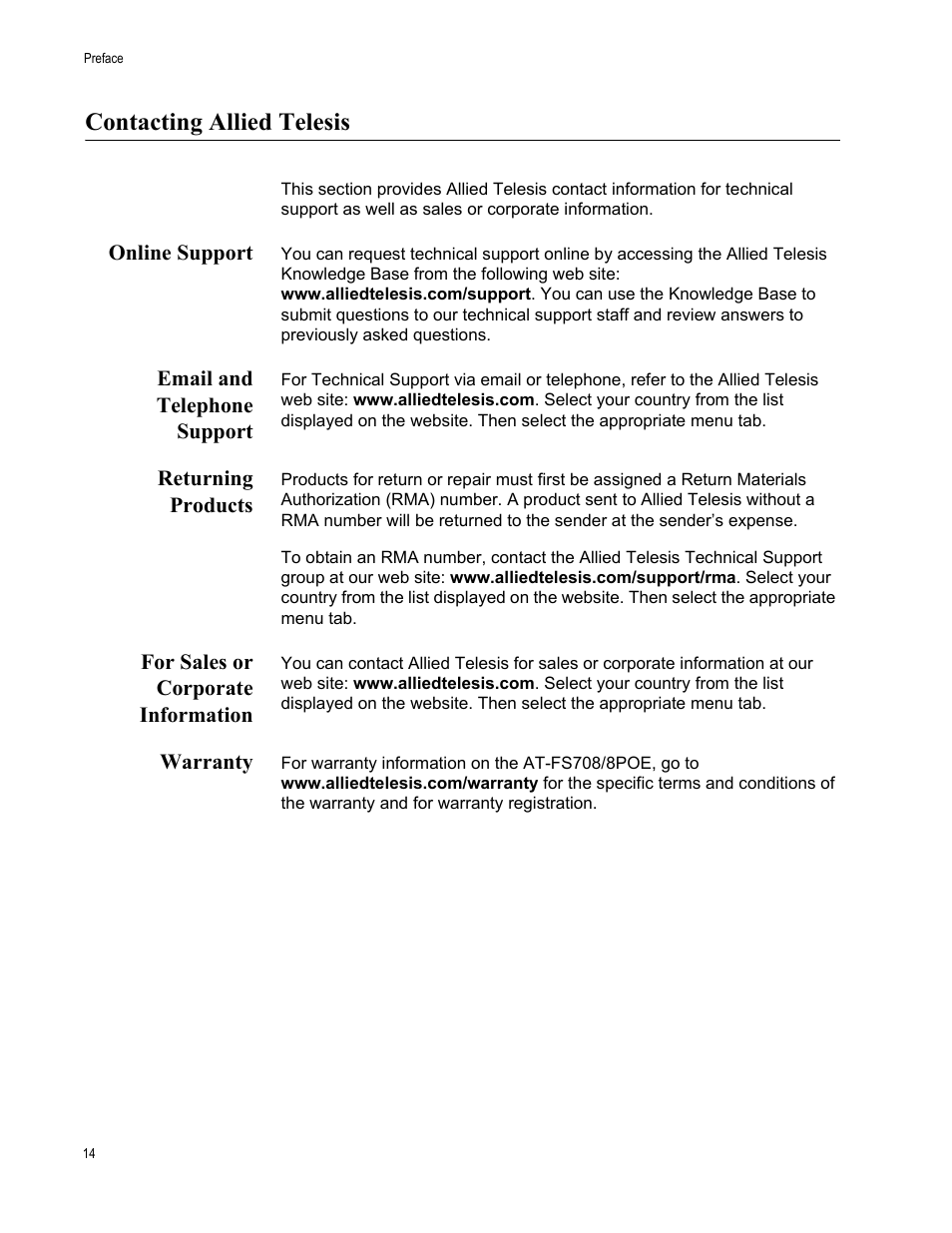 Contacting allied telesis, Online support, Email and telephone support | Returning products, For sales or corporate information, Warranty | Allied Telesis AT-FS708/POE User Manual | Page 14 / 52