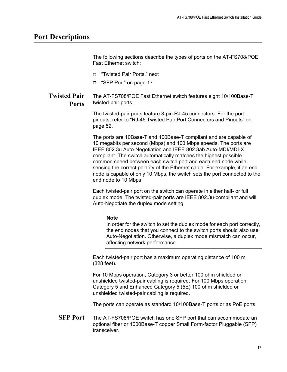 Port descriptions, Twisted pair ports, Sfp port | Twisted pair ports sfp port | Allied Telesis AT-FS708/POE User Manual | Page 17 / 52