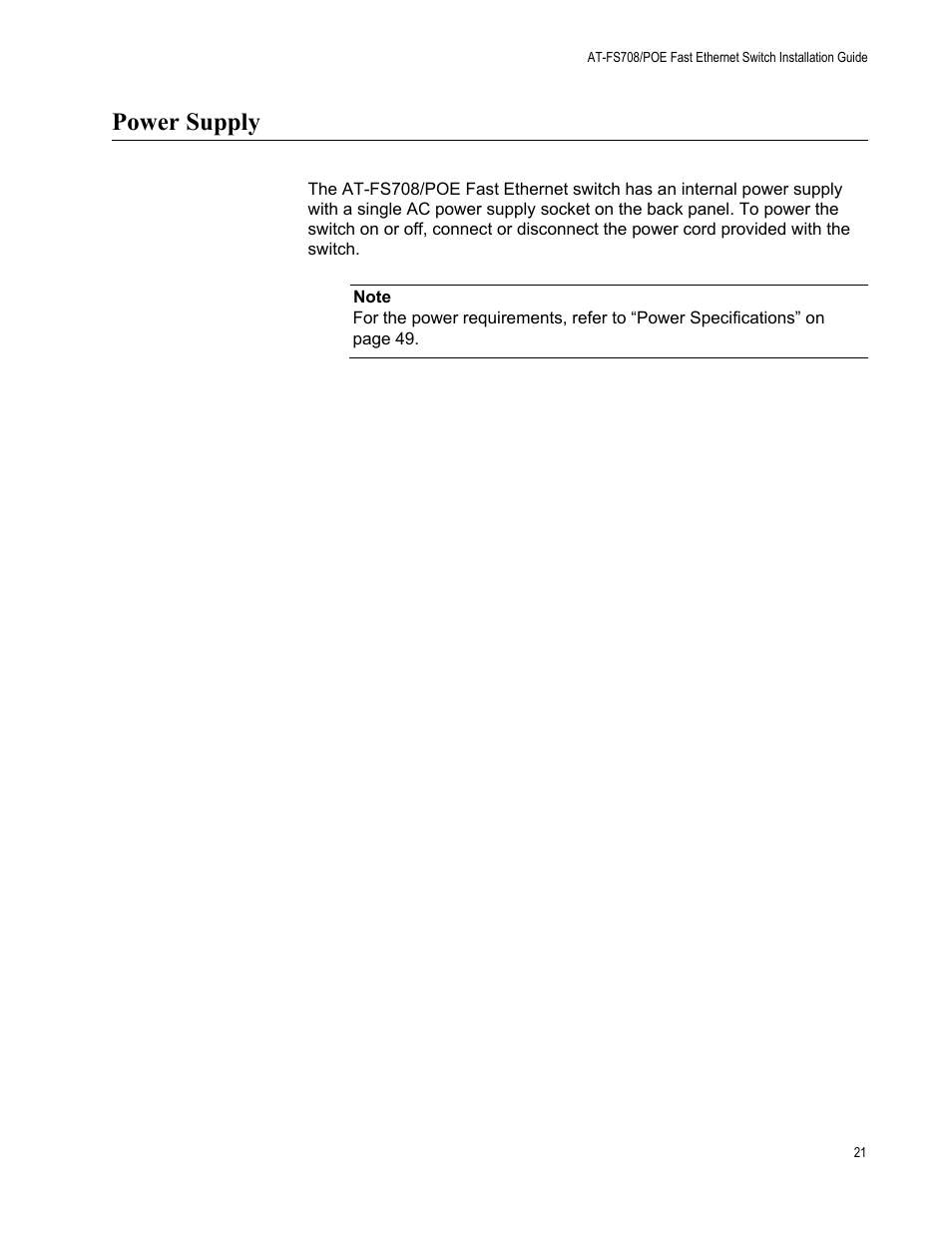 Power supply | Allied Telesis AT-FS708/POE User Manual | Page 21 / 52