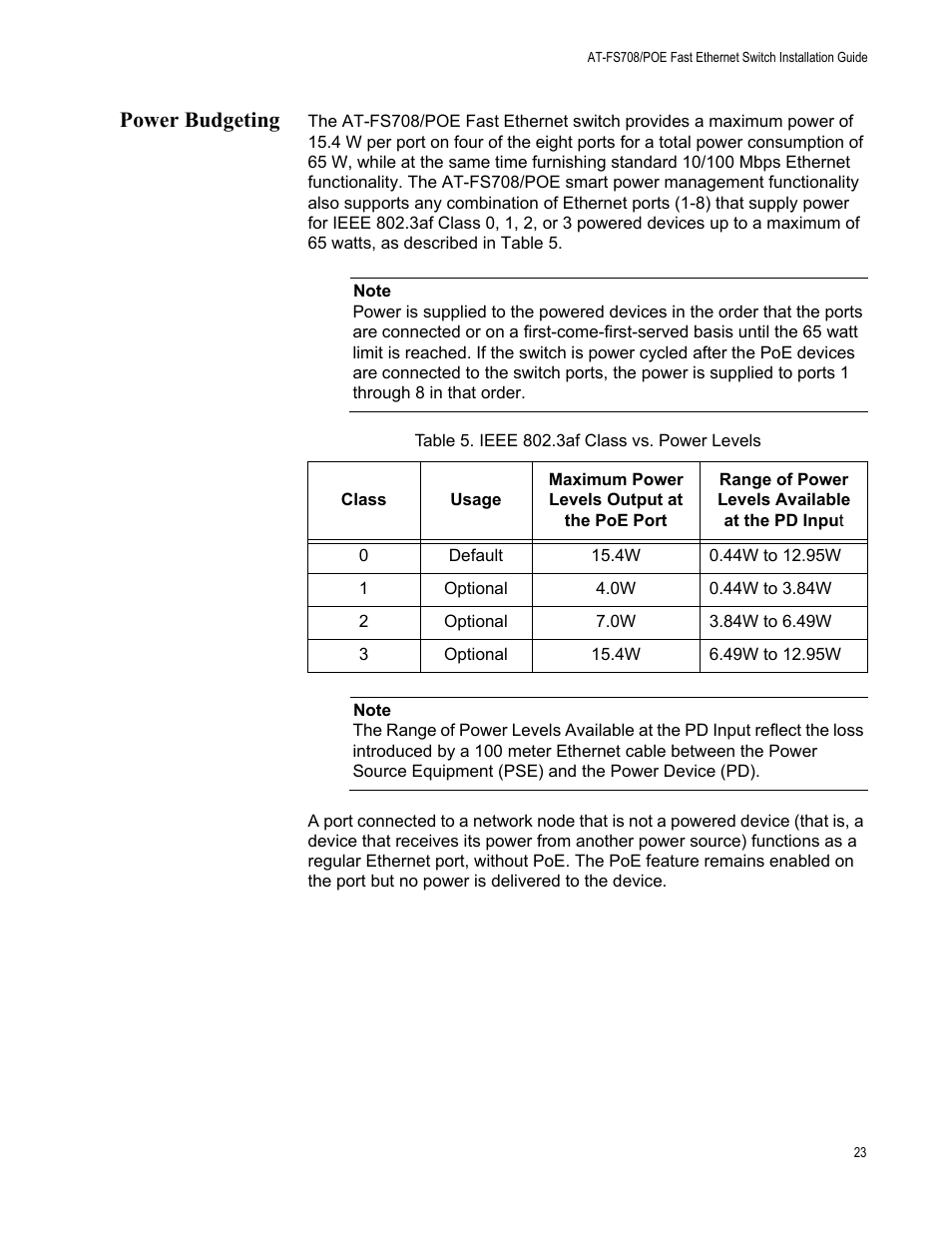 Power budgeting, Table 5. ieee 802.3af class vs. power levels | Allied Telesis AT-FS708/POE User Manual | Page 23 / 52