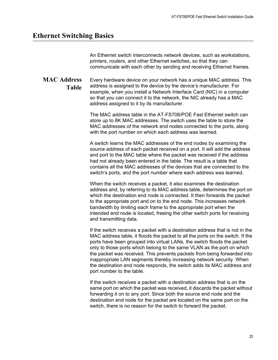 Ethernet switching basics, Mac address table | Allied Telesis AT-FS708/POE User Manual | Page 25 / 52
