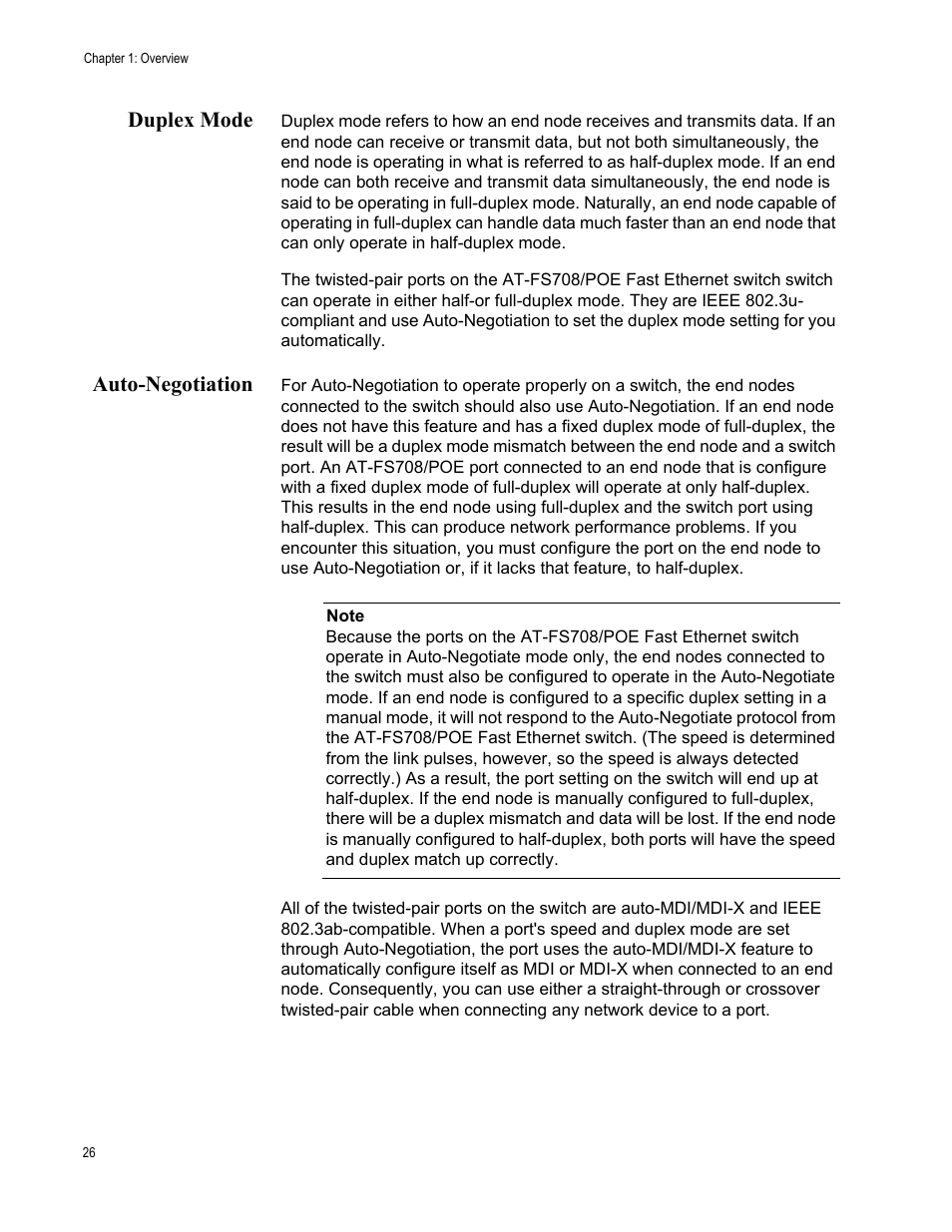 Duplex mode, Auto-negotiation, Duplex mode auto-negotiation | Allied Telesis AT-FS708/POE User Manual | Page 26 / 52