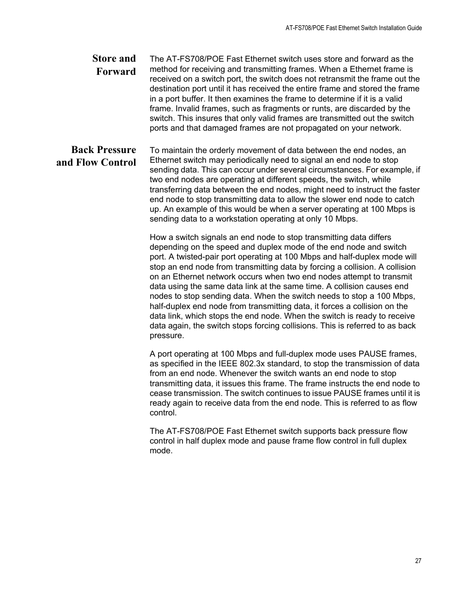 Store and forward, Back pressure and flow control, Store and forward back pressure and flow control | Allied Telesis AT-FS708/POE User Manual | Page 27 / 52