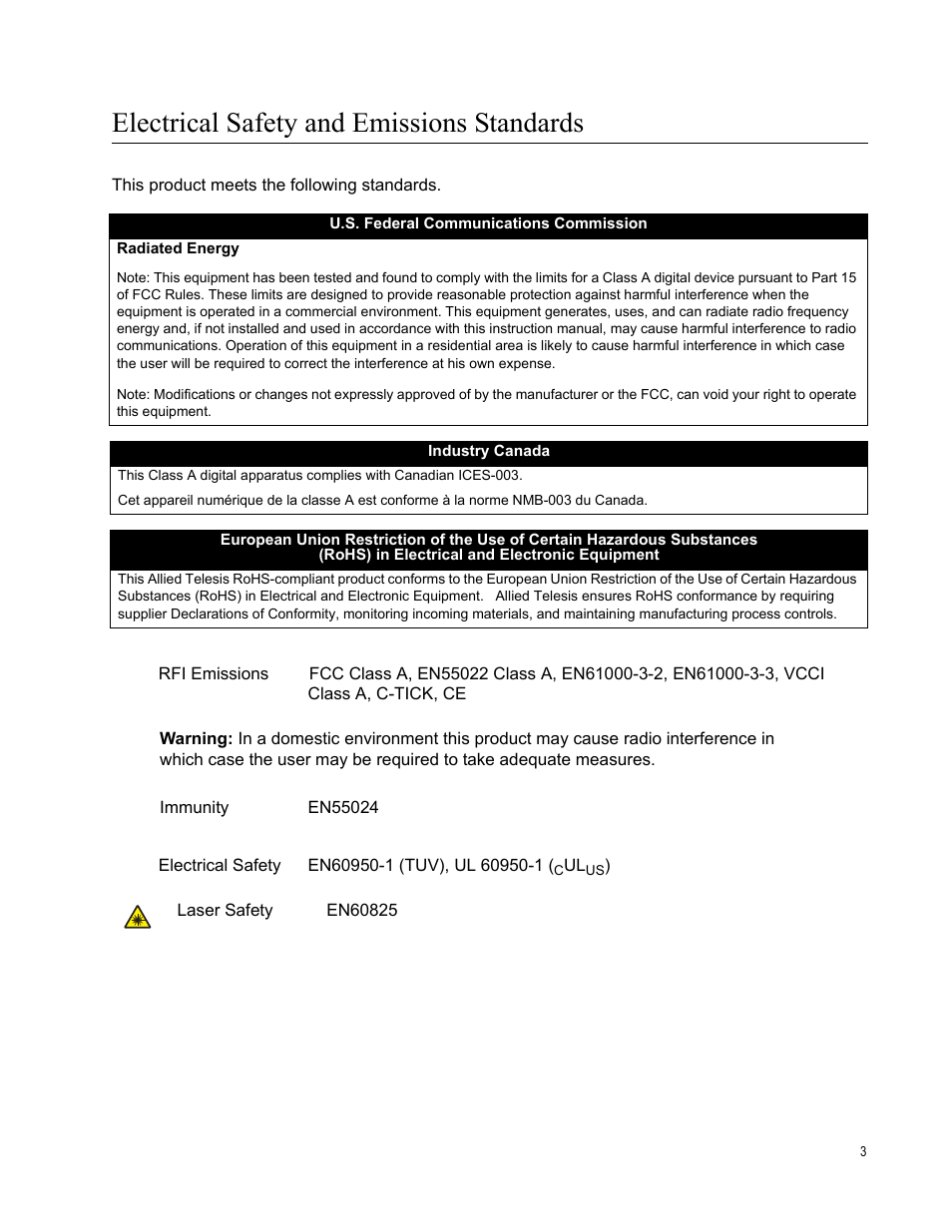 Electrical safety and emissions standards | Allied Telesis AT-FS708/POE User Manual | Page 3 / 52