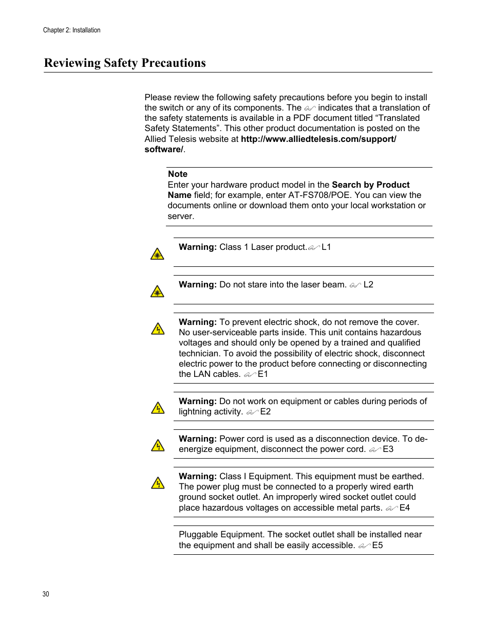 Reviewing safety precautions | Allied Telesis AT-FS708/POE User Manual | Page 30 / 52