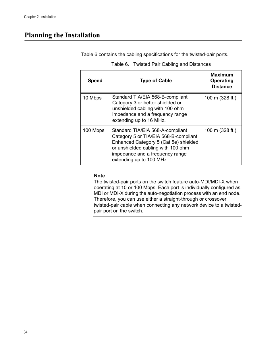 Planning the installation, Table 6. twisted pair cabling and distances | Allied Telesis AT-FS708/POE User Manual | Page 34 / 52