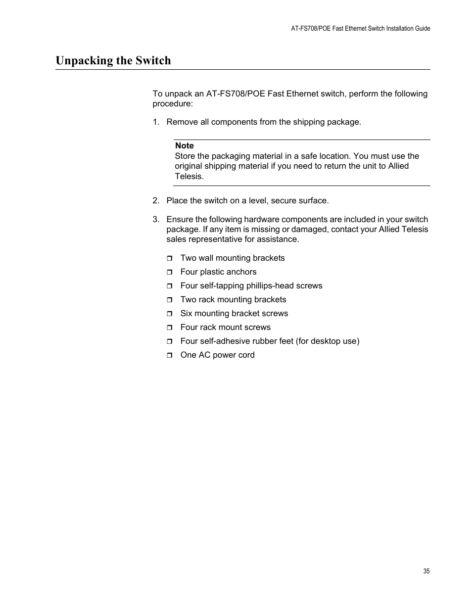 Unpacking the switch | Allied Telesis AT-FS708/POE User Manual | Page 35 / 52
