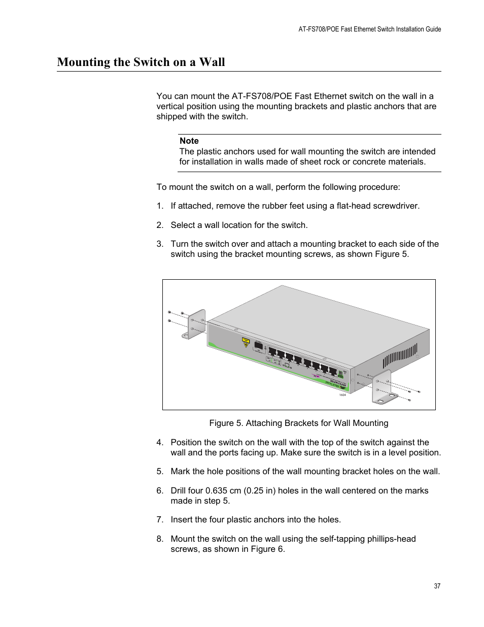 Mounting the switch on a wall, Figure 5. attaching brackets for wall mounting | Allied Telesis AT-FS708/POE User Manual | Page 37 / 52