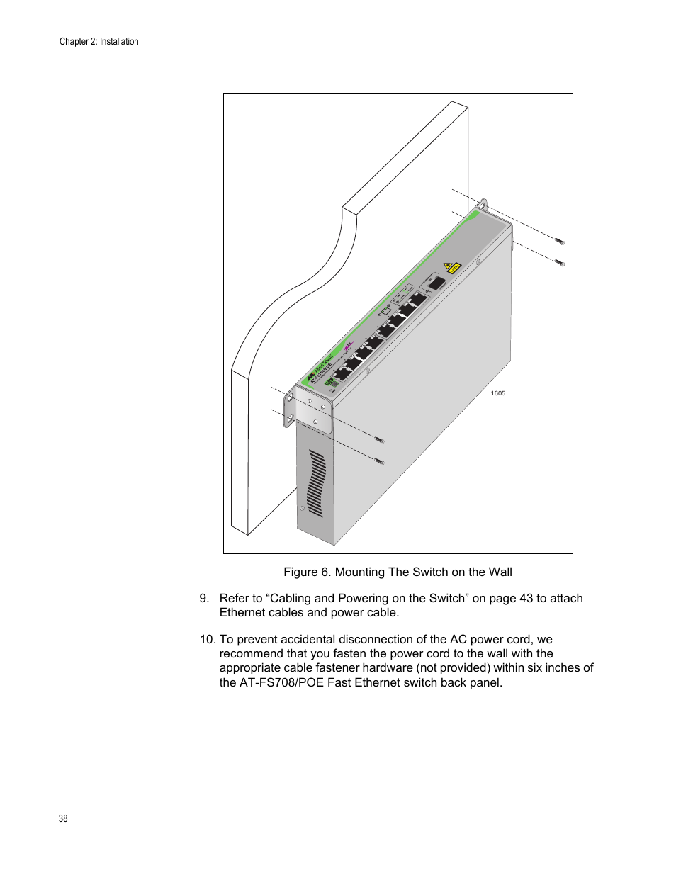 Figure 6. mounting the switch on the wall | Allied Telesis AT-FS708/POE User Manual | Page 38 / 52