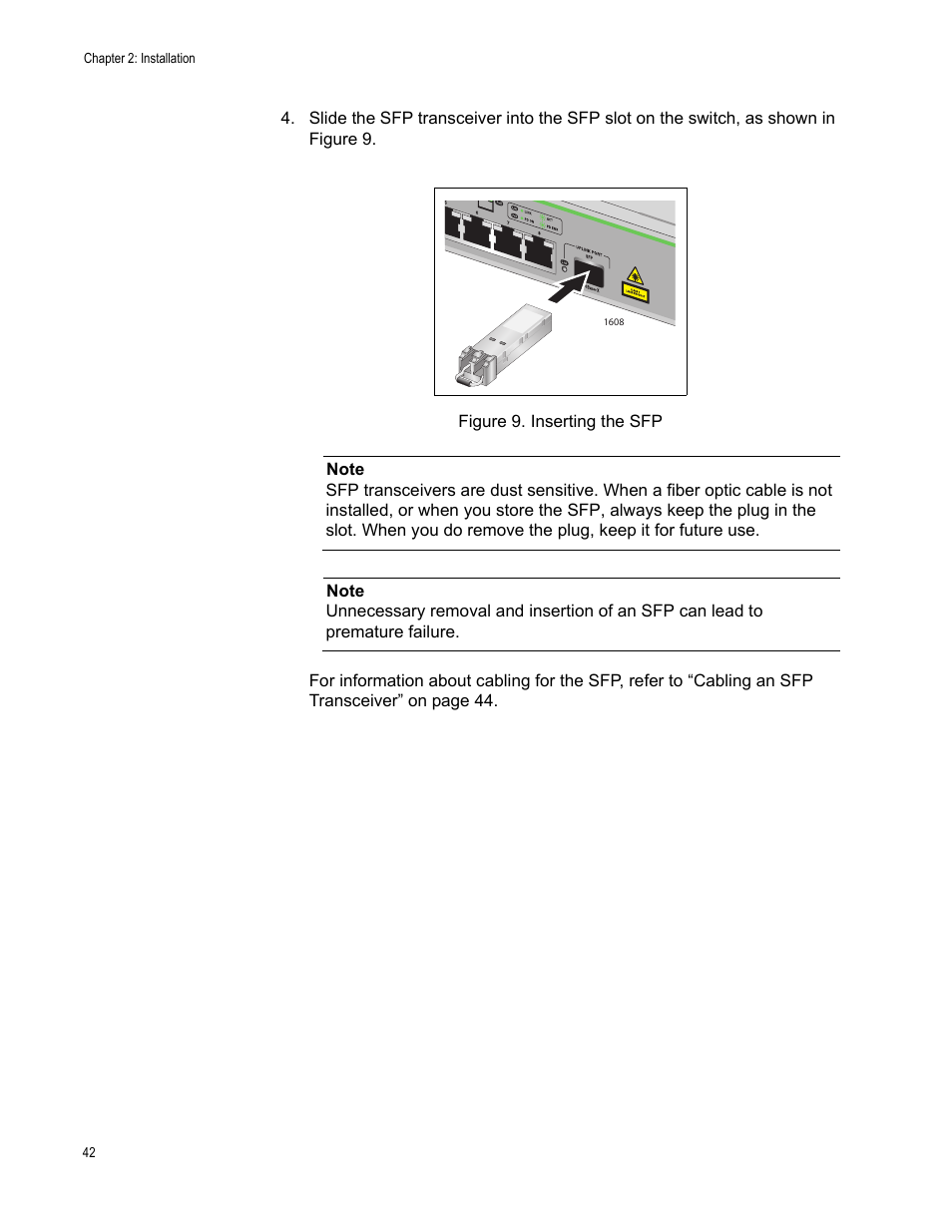 Figure 9. inserting the sfp | Allied Telesis AT-FS708/POE User Manual | Page 42 / 52