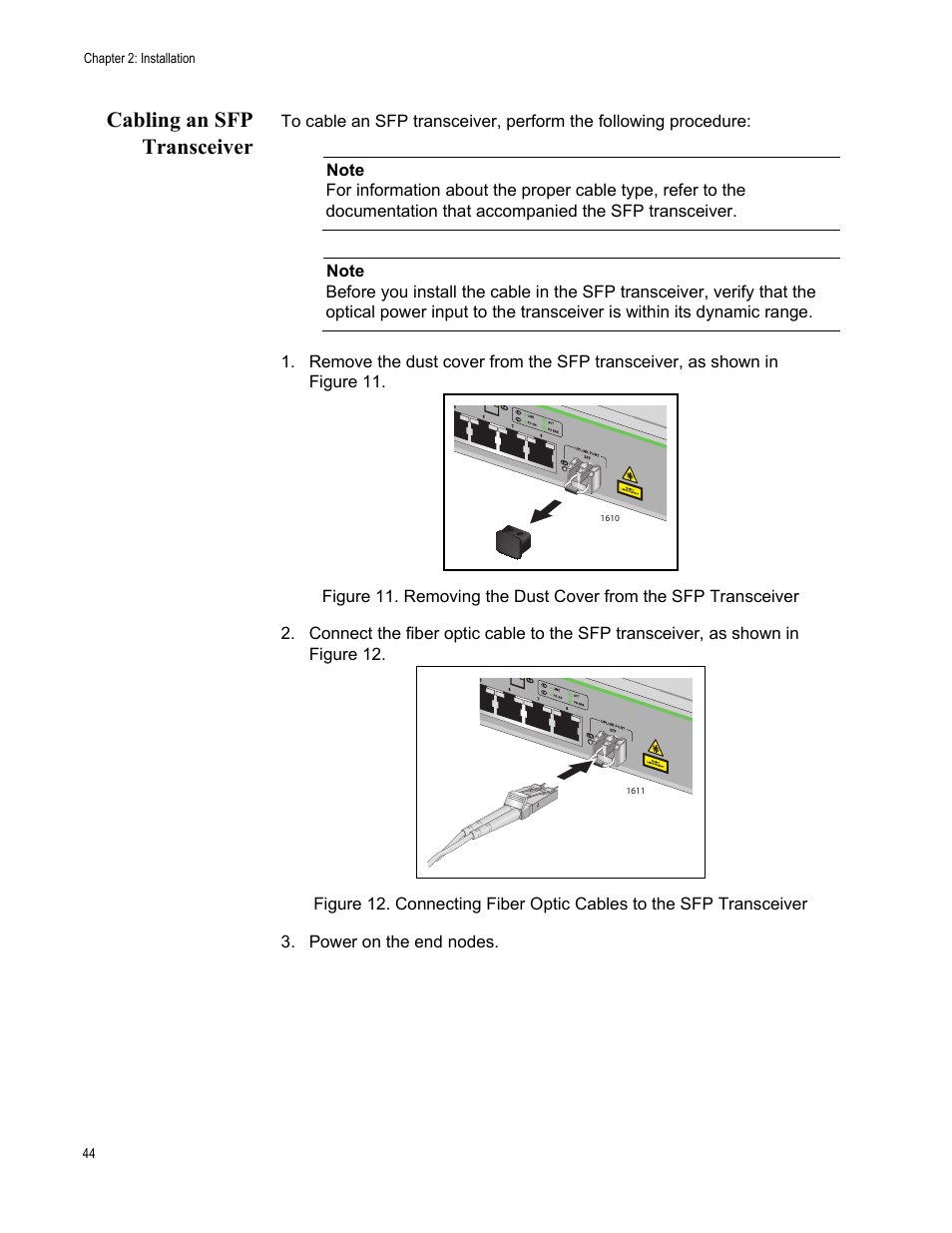 Cabling an sfp transceiver | Allied Telesis AT-FS708/POE User Manual | Page 44 / 52