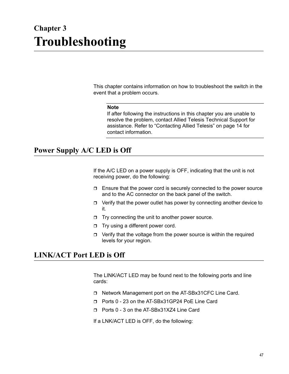 Chapter 3, Troubleshooting, Power supply a/c led is off | Link/act port led is off, R 3: troubleshooting | Allied Telesis AT-FS708/POE User Manual | Page 47 / 52