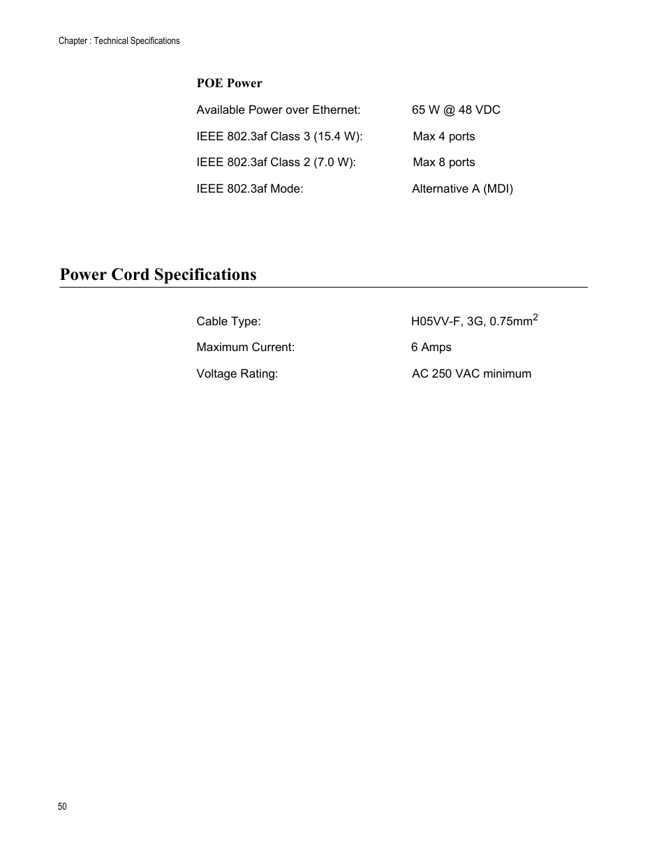 Power cord specifications | Allied Telesis AT-FS708/POE User Manual | Page 50 / 52