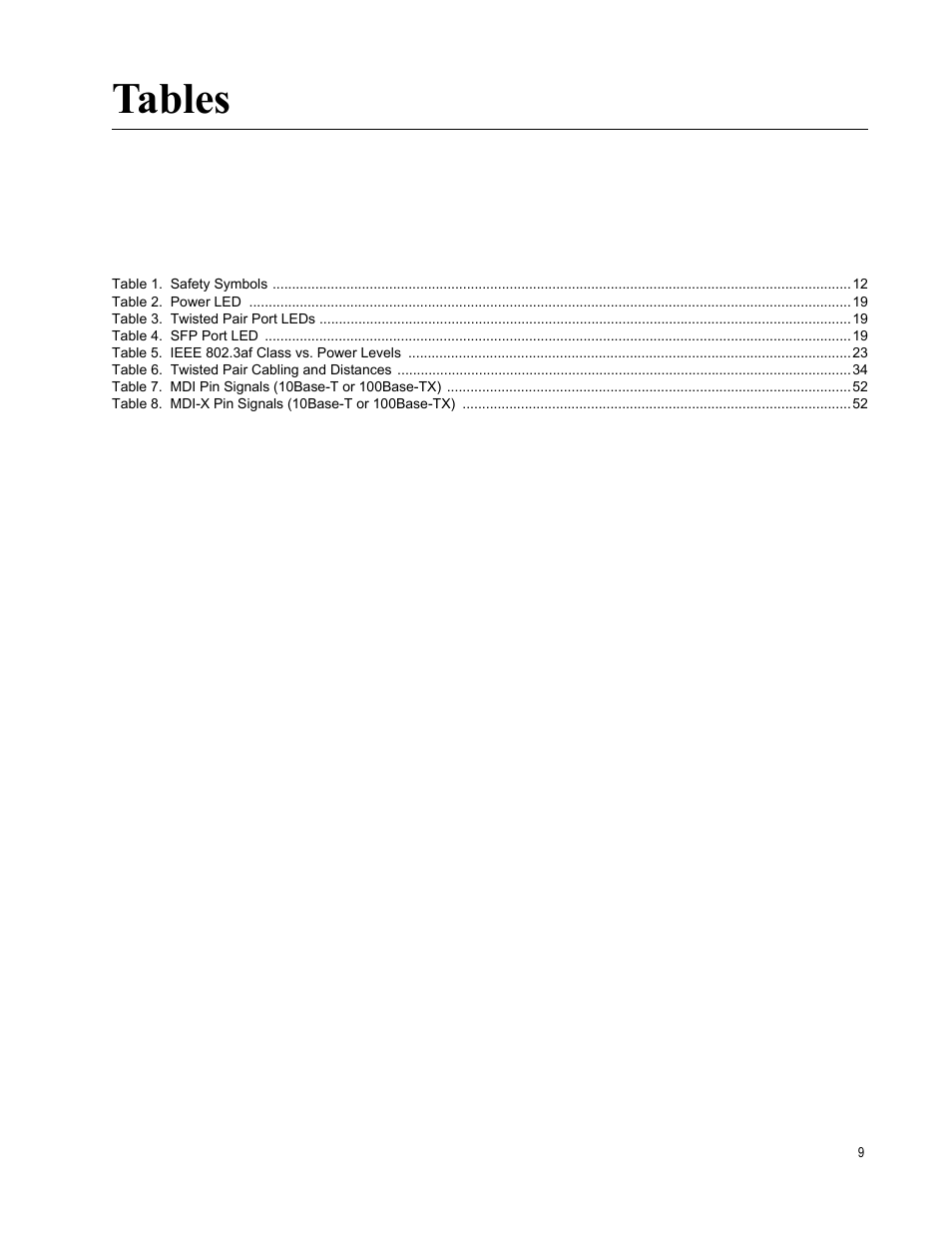 Tables | Allied Telesis AT-FS708/POE User Manual | Page 9 / 52