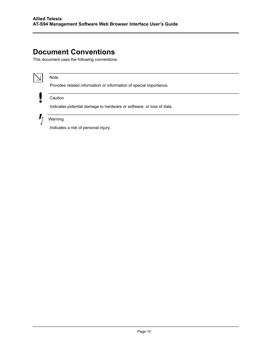 Document conventions | Allied Telesis AT-S94 User Manual | Page 10 / 254