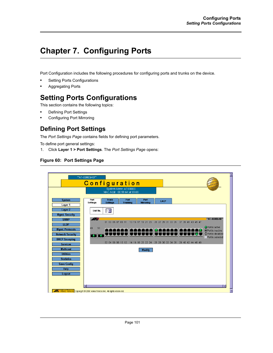 Chapter 7. configuring ports, Setting ports configurations, Defining port settings | Chapter 7.configuring ports, Section title“configuring ports | Allied Telesis AT-S94 User Manual | Page 101 / 254