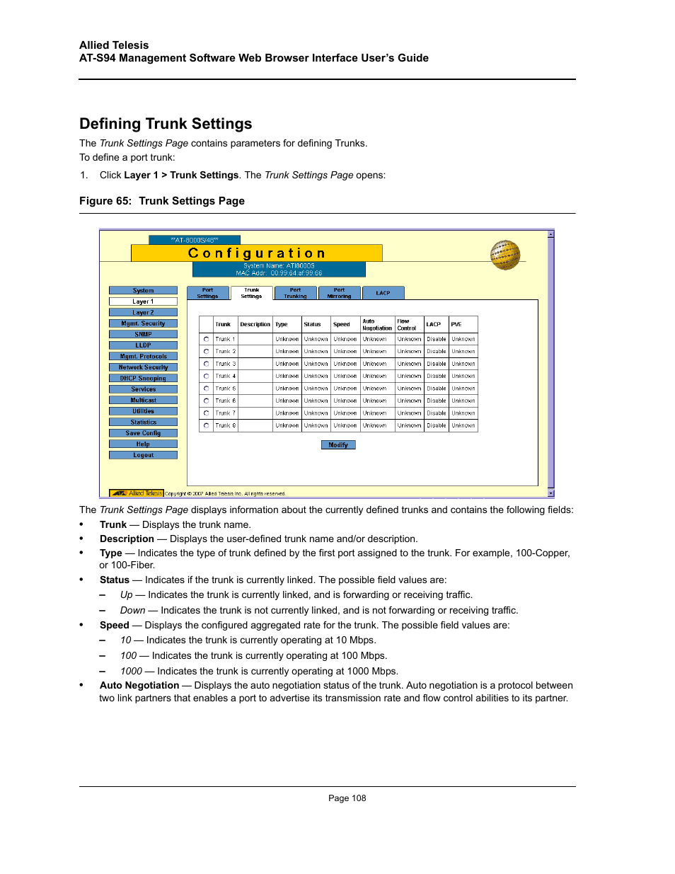 Defining trunk settings | Allied Telesis AT-S94 User Manual | Page 108 / 254