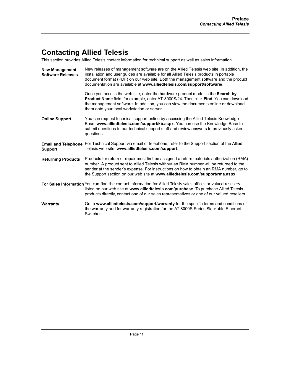 Contacting allied telesis | Allied Telesis AT-S94 User Manual | Page 11 / 254