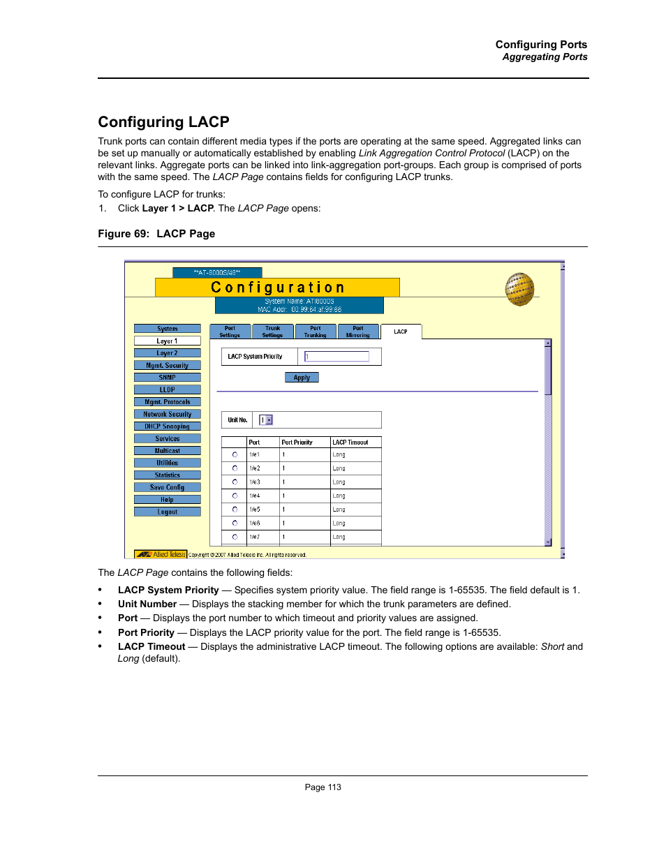 Configuring lacp | Allied Telesis AT-S94 User Manual | Page 113 / 254