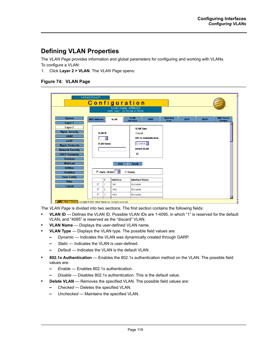 Defining vlan properties | Allied Telesis AT-S94 User Manual | Page 119 / 254