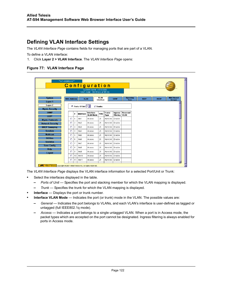 Defining vlan interface settings | Allied Telesis AT-S94 User Manual | Page 122 / 254