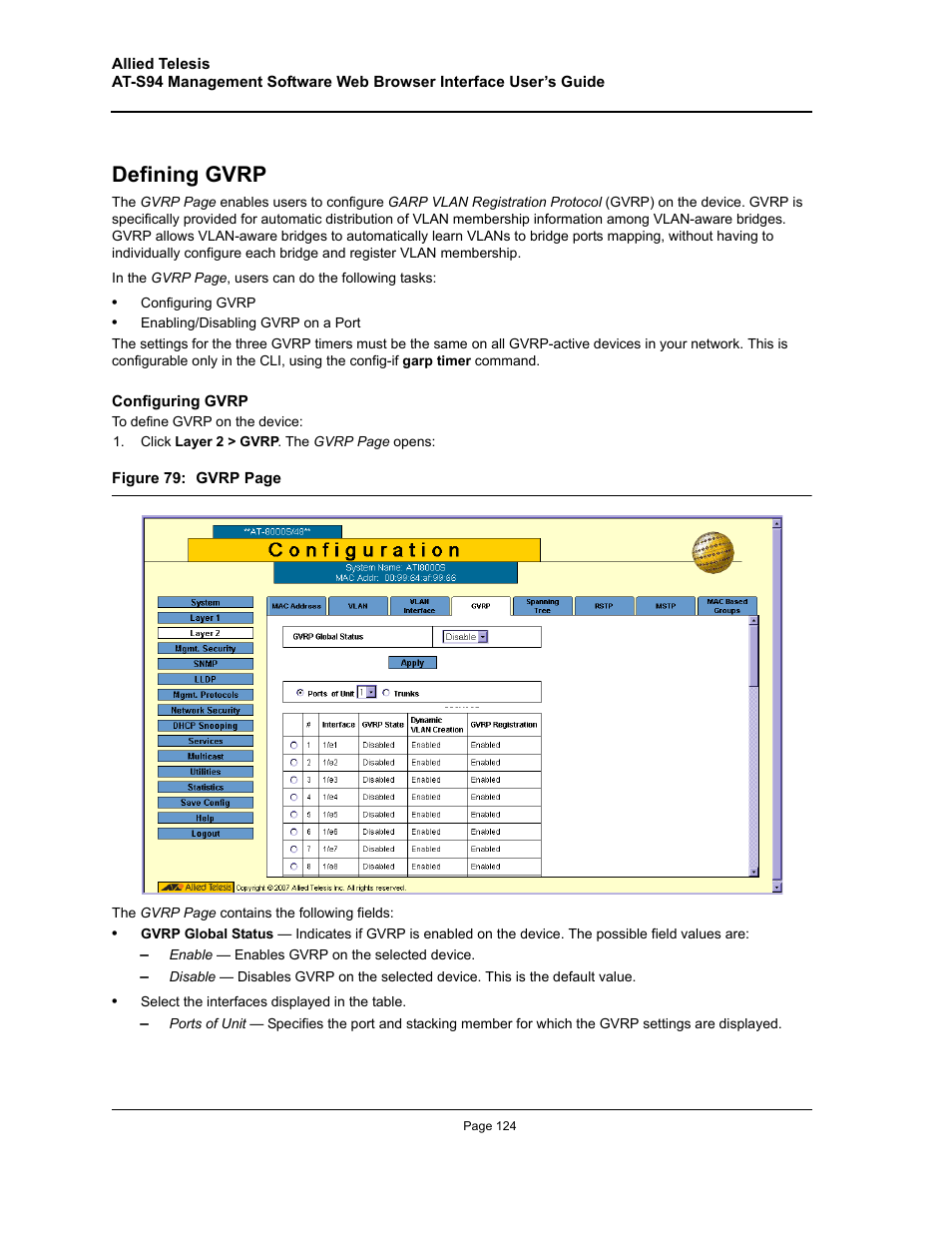Defining gvrp | Allied Telesis AT-S94 User Manual | Page 124 / 254