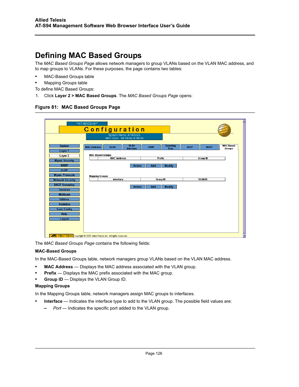Defining mac based groups | Allied Telesis AT-S94 User Manual | Page 126 / 254