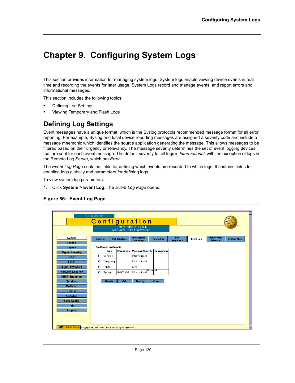 Chapter 9. configuring system logs, Defining log settings, Chapter 9.configuring system logs | Section title“configuring system logs | Allied Telesis AT-S94 User Manual | Page 129 / 254