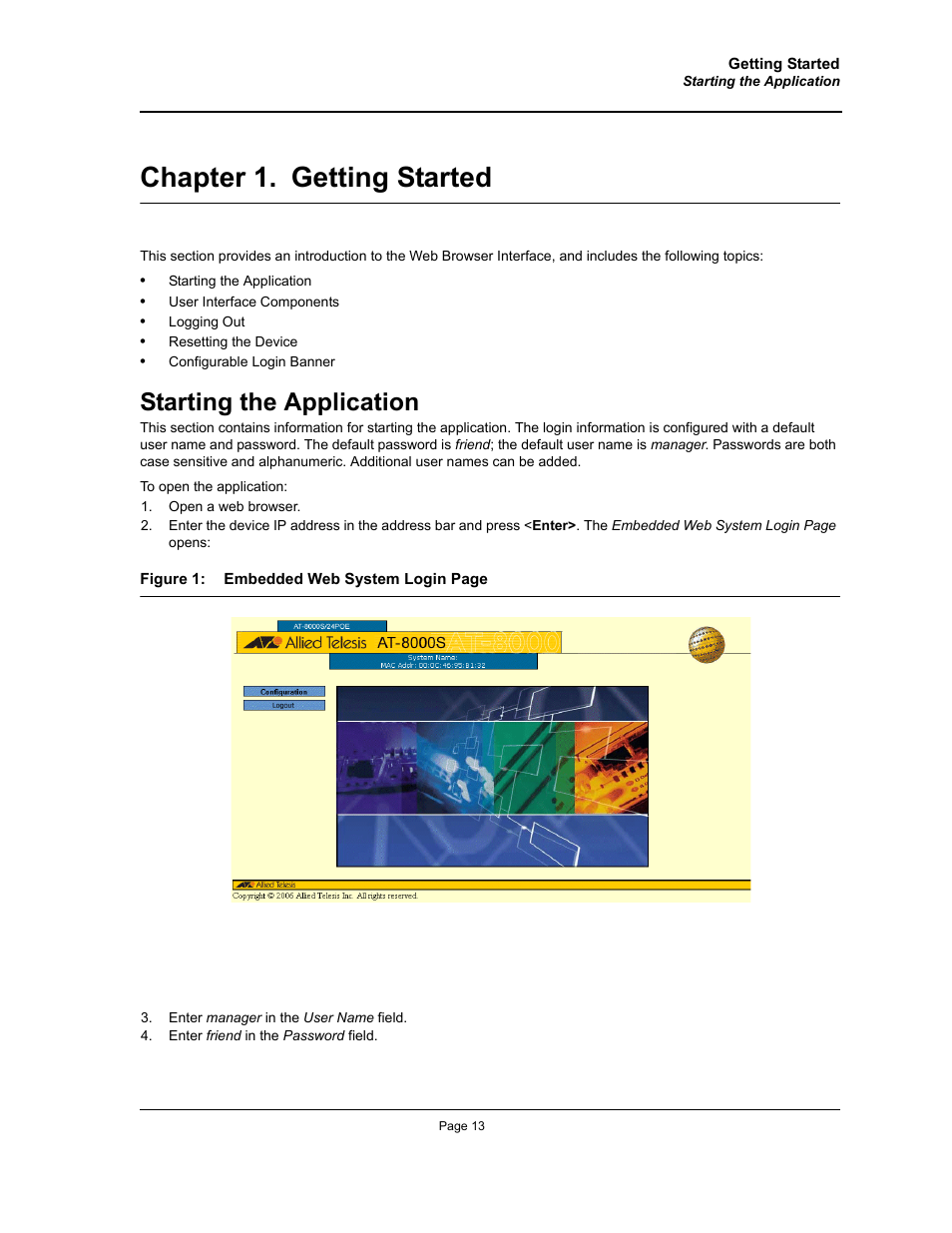 Chapter 1. getting started, Starting the application, Chapter 1.getting started | N 1,section title“getting started | Allied Telesis AT-S94 User Manual | Page 13 / 254