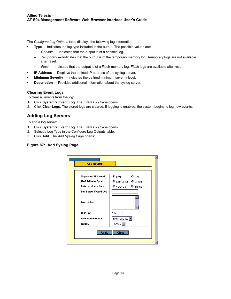 Adding log servers | Allied Telesis AT-S94 User Manual | Page 130 / 254