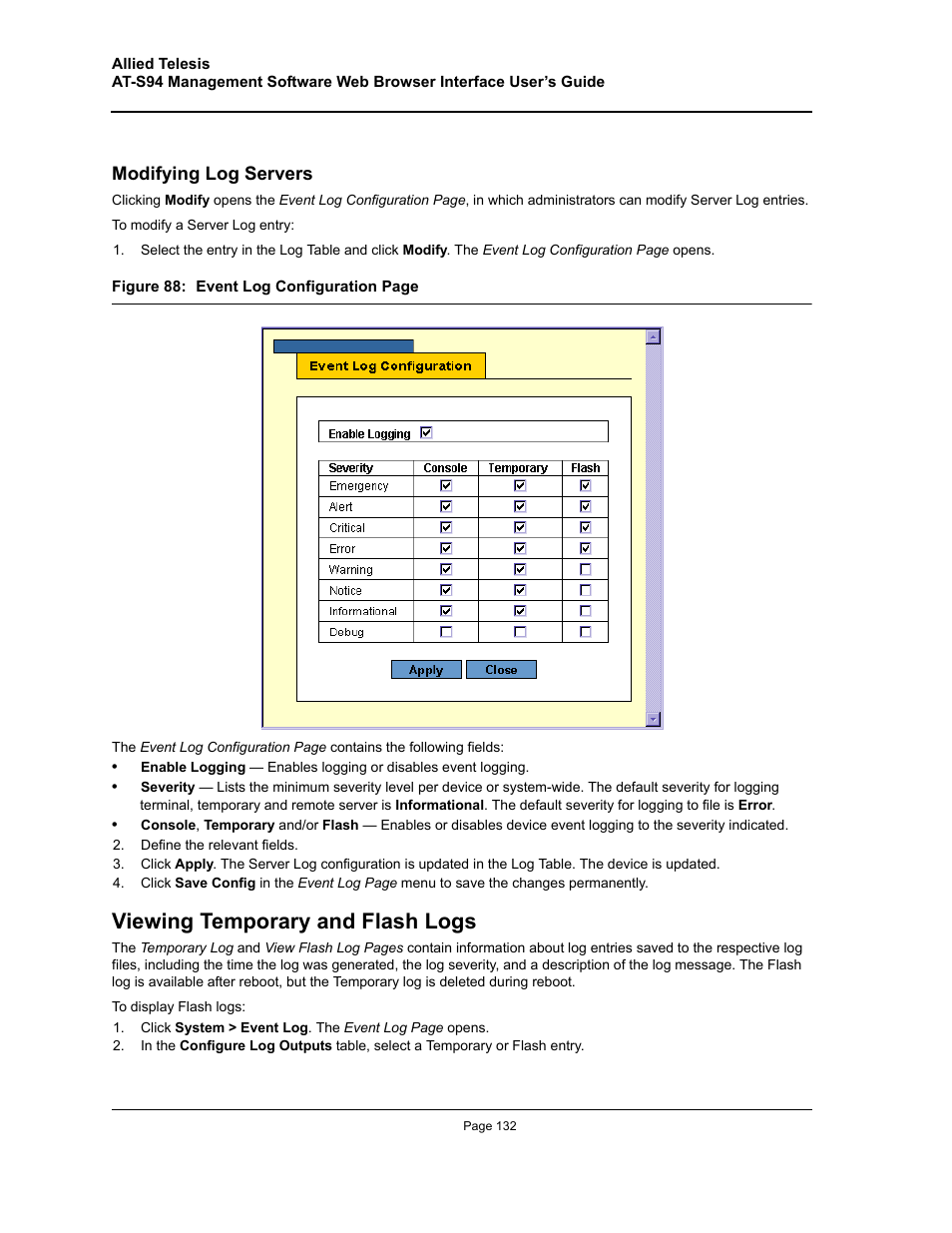 Viewing temporary and flash logs, Modifying log servers | Allied Telesis AT-S94 User Manual | Page 132 / 254