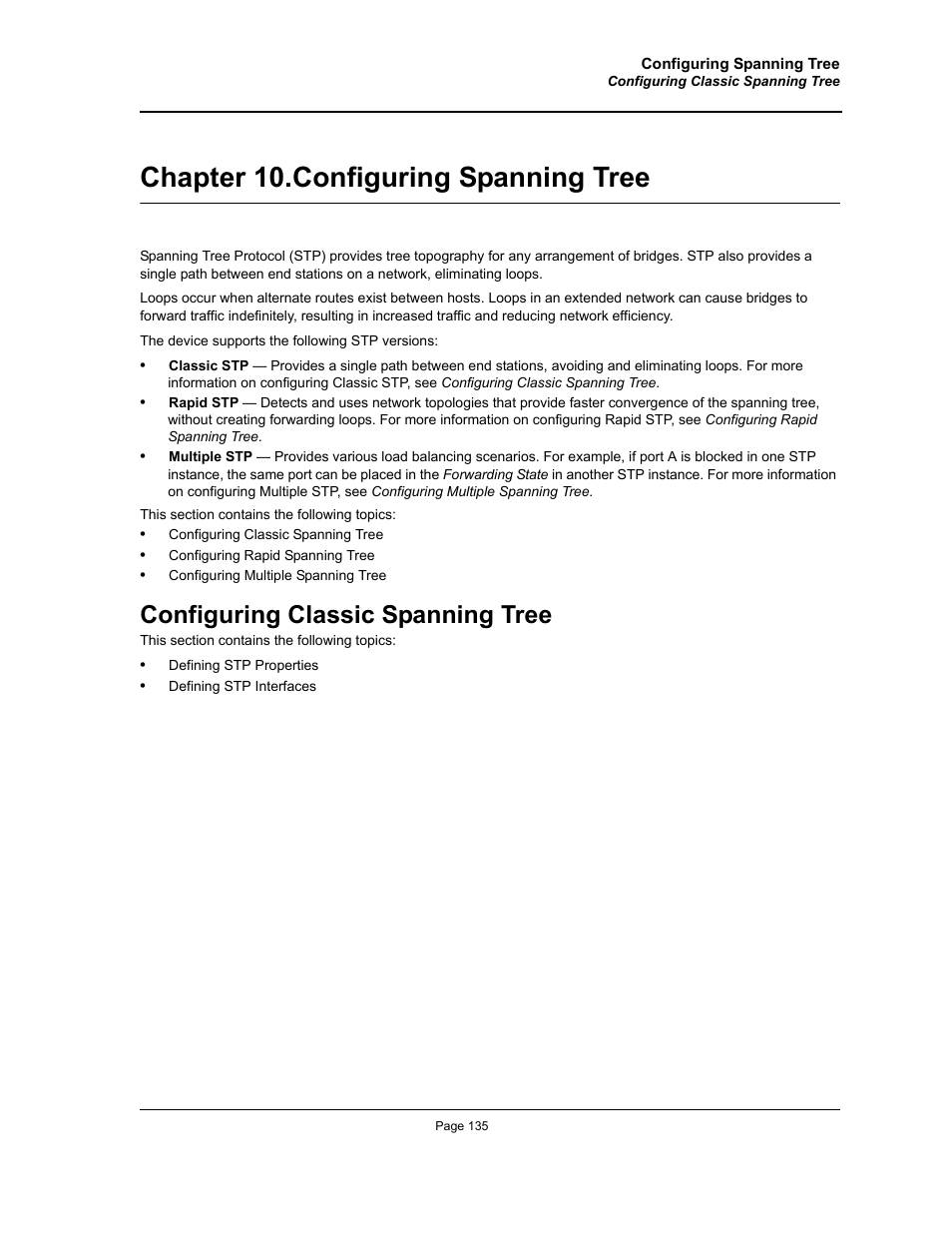 Chapter 10. configuring spanning tree, Configuring classic spanning tree, Chapter 10.configuring spanning tree | Section title“configuring spanning tree | Allied Telesis AT-S94 User Manual | Page 135 / 254