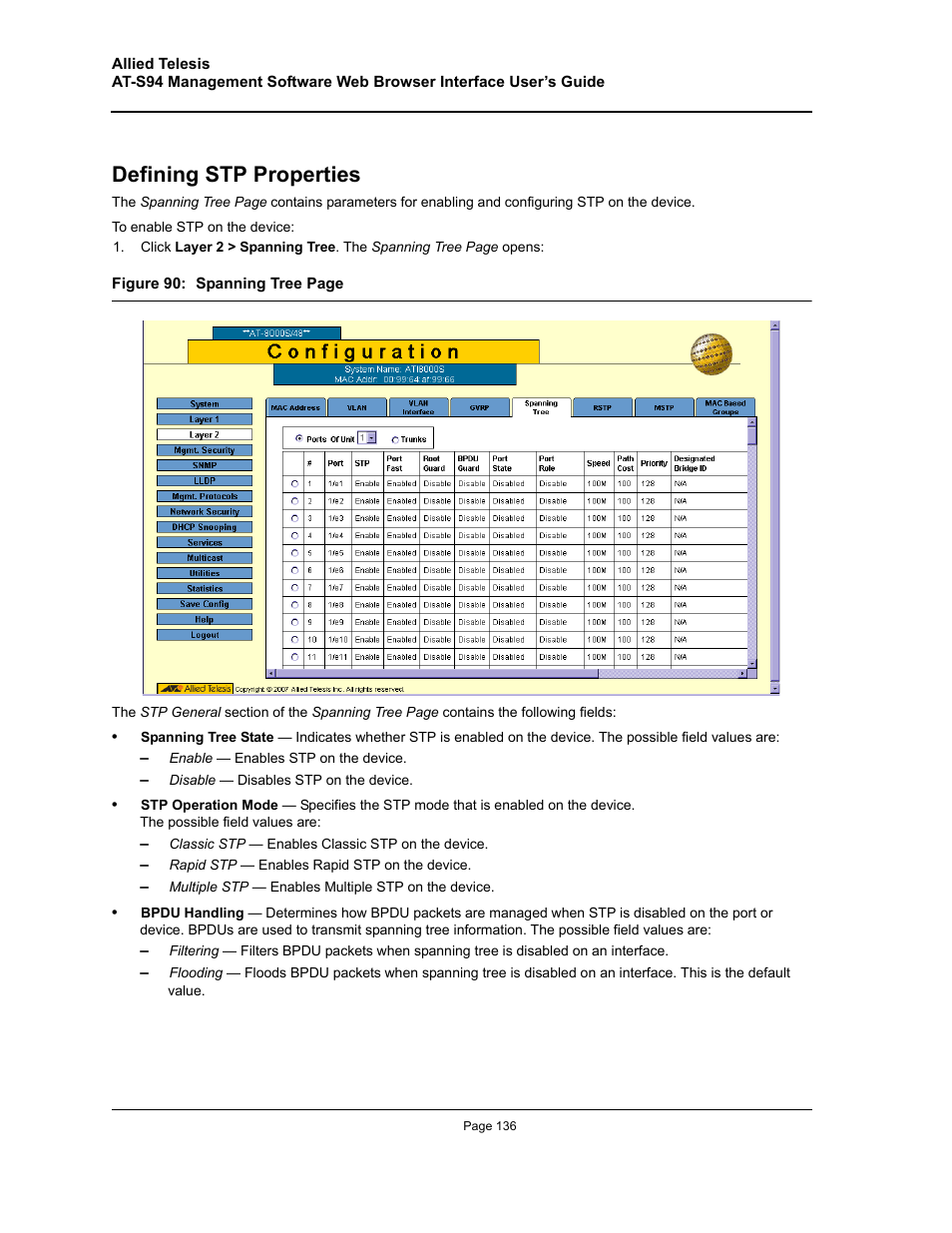 Defining stp properties | Allied Telesis AT-S94 User Manual | Page 136 / 254