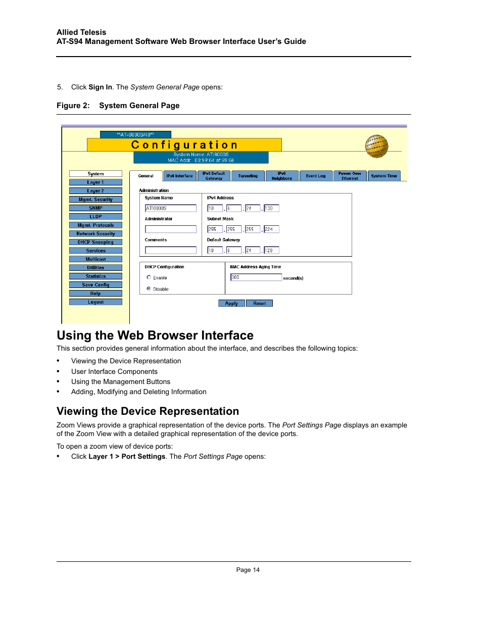 Using the web browser interface, Viewing the device representation | Allied Telesis AT-S94 User Manual | Page 14 / 254