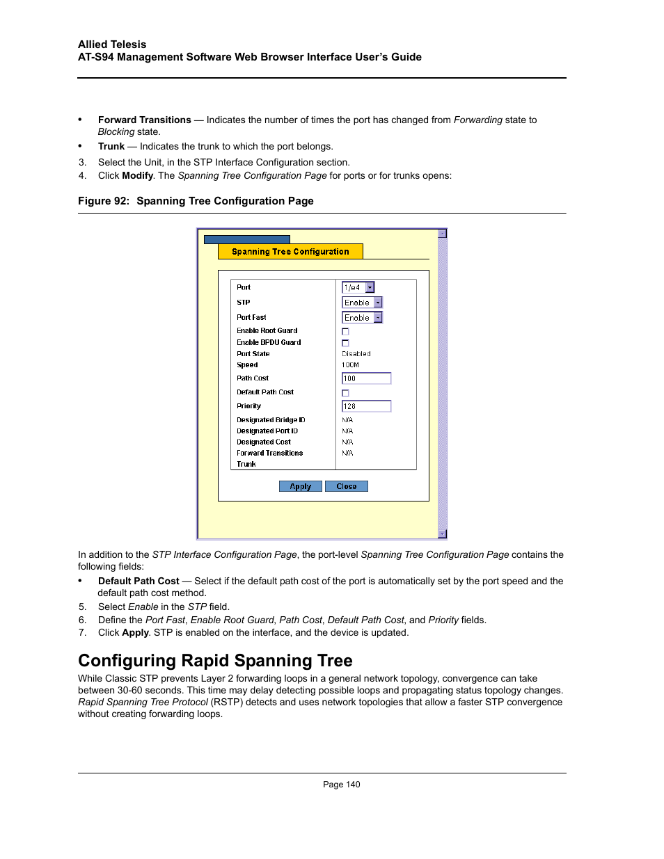 Configuring rapid spanning tree | Allied Telesis AT-S94 User Manual | Page 140 / 254