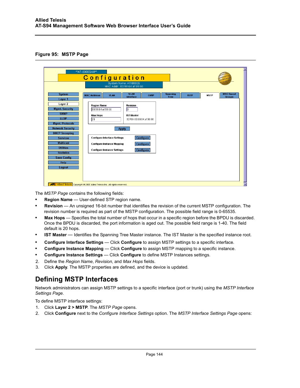 Defining mstp interfaces | Allied Telesis AT-S94 User Manual | Page 144 / 254