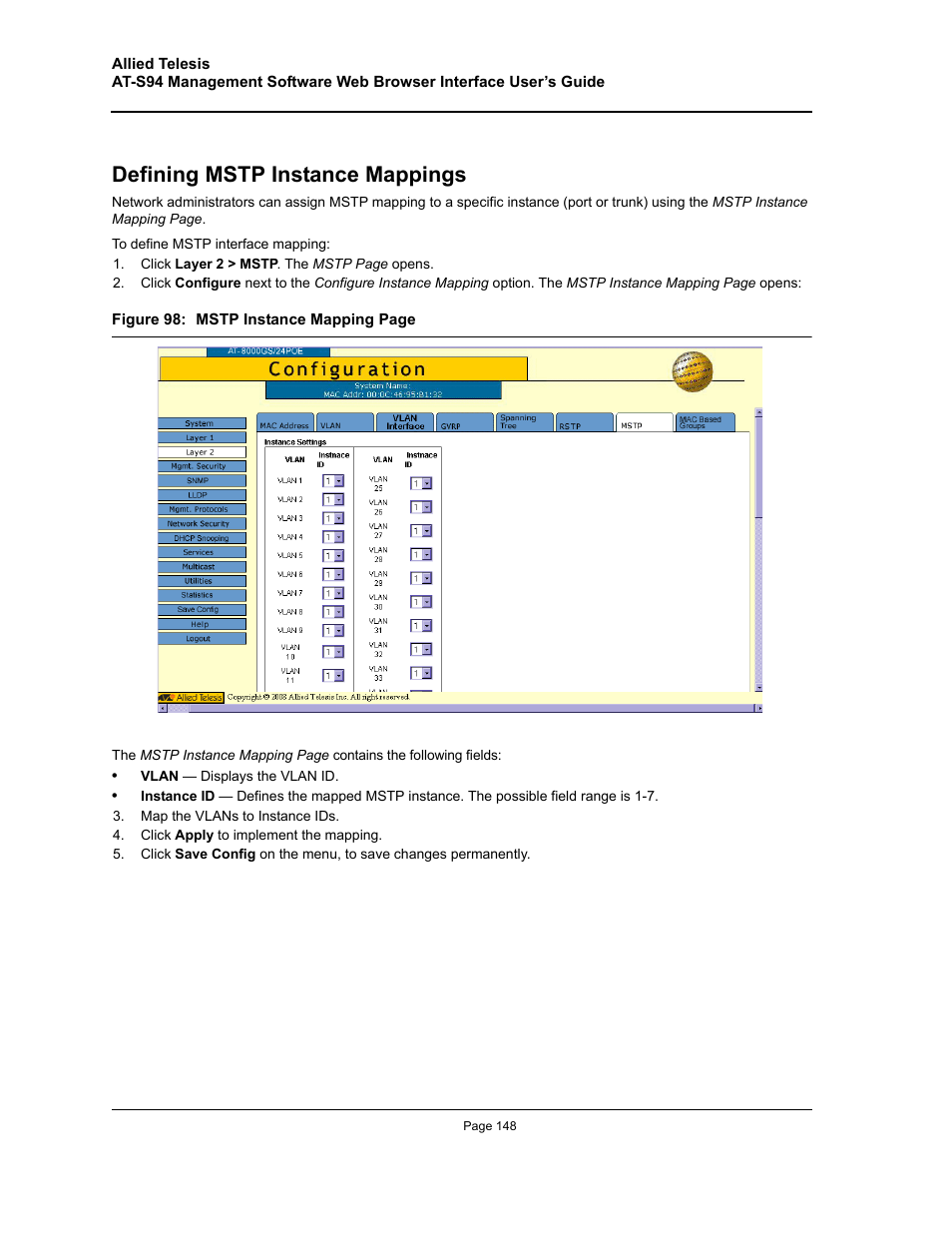 Defining mstp instance mappings | Allied Telesis AT-S94 User Manual | Page 148 / 254