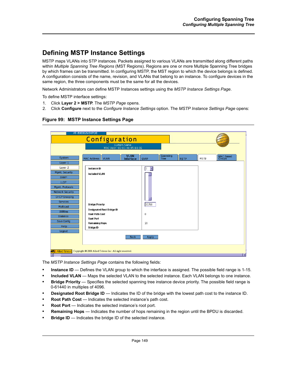 Defining mstp instance settings | Allied Telesis AT-S94 User Manual | Page 149 / 254