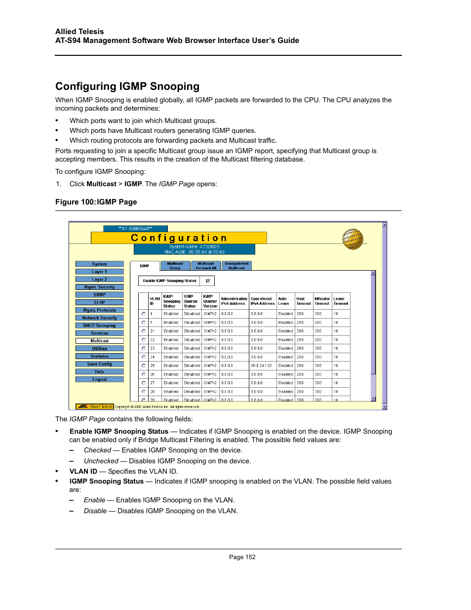 Configuring igmp snooping | Allied Telesis AT-S94 User Manual | Page 152 / 254
